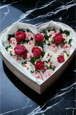 Бокс - серце з полуницею в шоколаді та живими квітами - CHOCOBOX